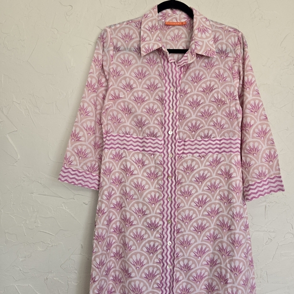 Oliphant Button Up Pink White Tan Fan Shirt Dress Maxi, S - Picture 3 of 11